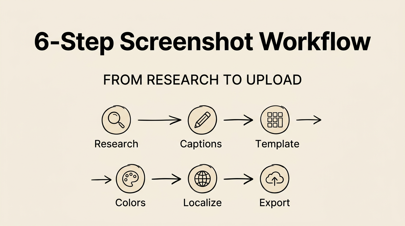 6-step screenshot workflow from research to upload